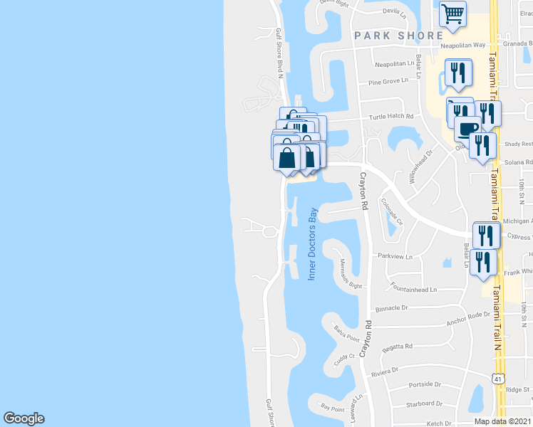 map of restaurants, bars, coffee shops, grocery stores, and more near 4021 Gulf Shore Boulevard North in Naples
