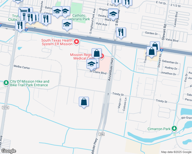 map of restaurants, bars, coffee shops, grocery stores, and more near 1203 Saint Claire in Mission