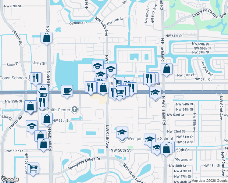 map of restaurants, bars, coffee shops, grocery stores, and more near 9399 West Commercial Boulevard in Sunrise