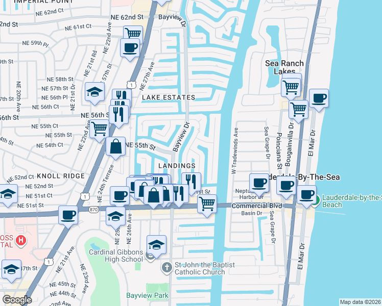 map of restaurants, bars, coffee shops, grocery stores, and more near 5410 Northeast 31st Avenue in Fort Lauderdale