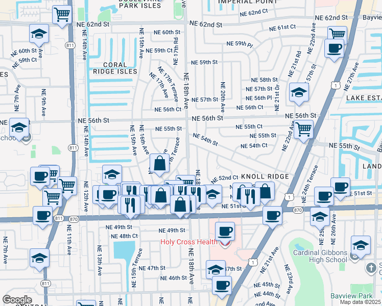 map of restaurants, bars, coffee shops, grocery stores, and more near 1800 Northeast 53rd Street in Fort Lauderdale