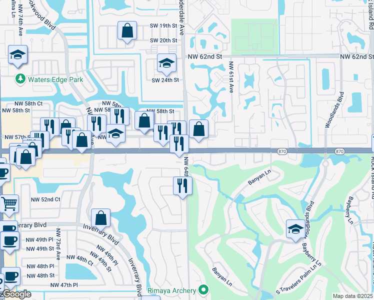 map of restaurants, bars, coffee shops, grocery stores, and more near W Commercial Blvd & NW 64th Ave in Tamarac