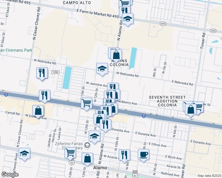 map of restaurants, bars, coffee shops, grocery stores, and more near 733 North Alamo Road in Alamo