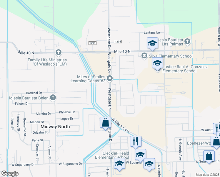 map of restaurants, bars, coffee shops, grocery stores, and more near 3600 North Westgate Drive in Weslaco