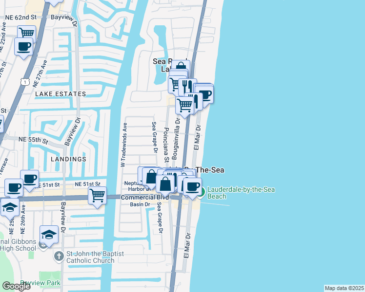 map of restaurants, bars, coffee shops, grocery stores, and more near 4560 Bougainvilla Drive in Lauderdale-by-the-Sea