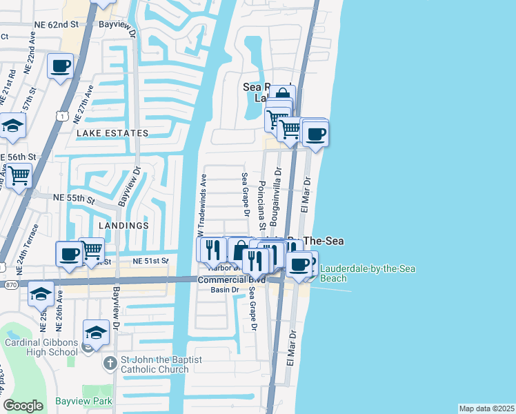 map of restaurants, bars, coffee shops, grocery stores, and more near 4554 Sea Grape Drive in Lauderdale-by-the-Sea