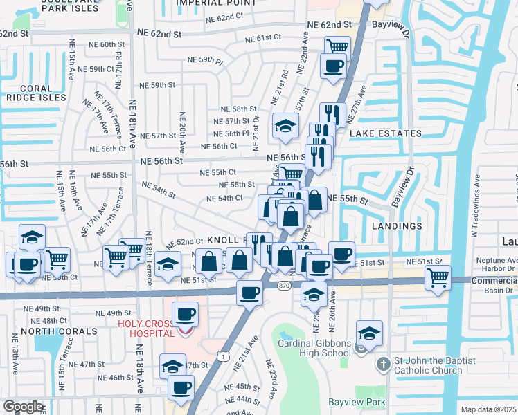 map of restaurants, bars, coffee shops, grocery stores, and more near 5432 Northeast 21st Terrace in Fort Lauderdale