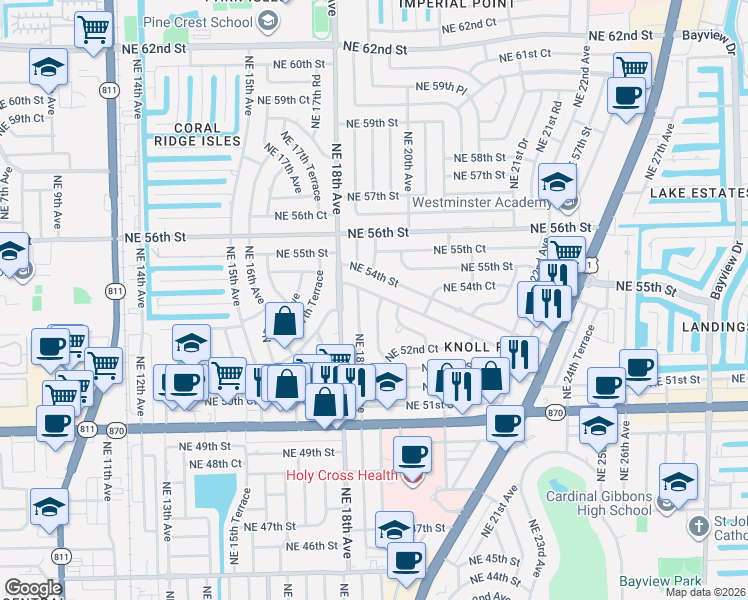 map of restaurants, bars, coffee shops, grocery stores, and more near 1900 Northeast 54th Street in Fort Lauderdale