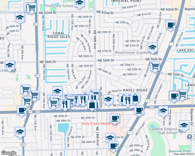 map of restaurants, bars, coffee shops, grocery stores, and more near 1800 Northeast 53rd Street in Fort Lauderdale