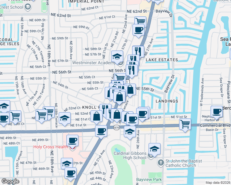 map of restaurants, bars, coffee shops, grocery stores, and more near 5430 Northeast 22nd Terrace in Fort Lauderdale