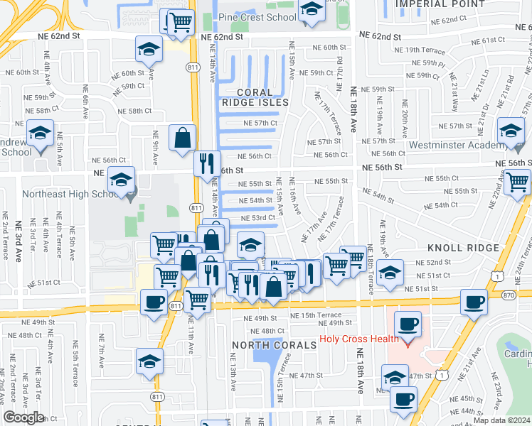 map of restaurants, bars, coffee shops, grocery stores, and more near 1467 Northeast 53rd Court in Fort Lauderdale