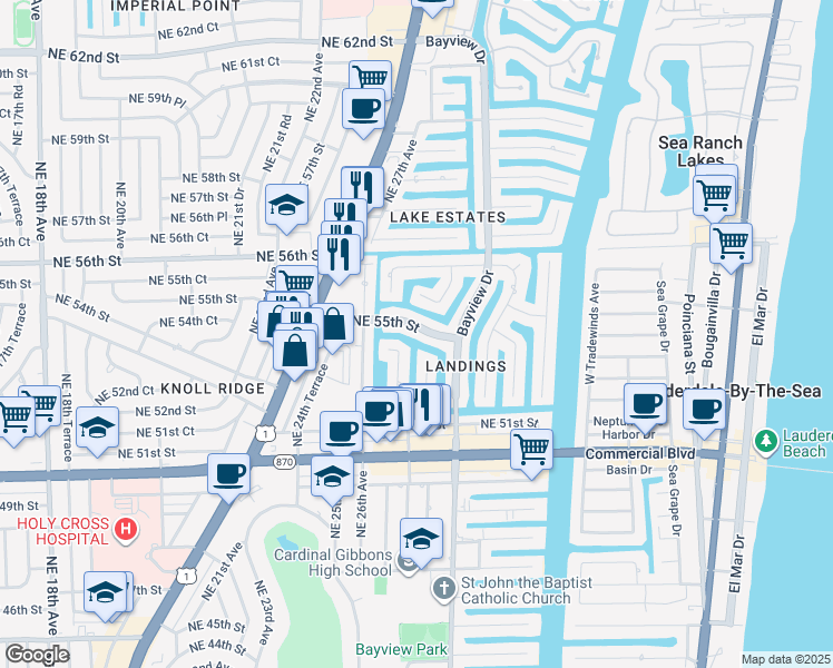 map of restaurants, bars, coffee shops, grocery stores, and more near 2805 Northeast 55th Street in Fort Lauderdale