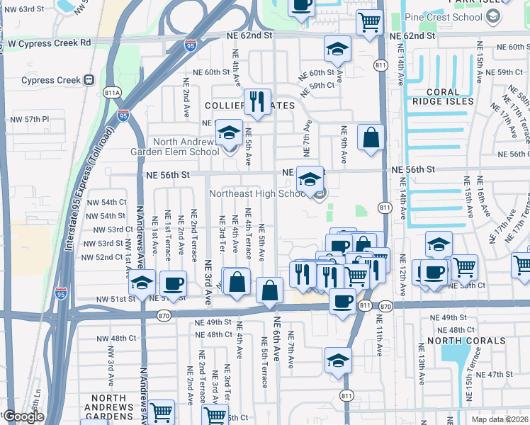 map of restaurants, bars, coffee shops, grocery stores, and more near 5372 Northeast 5th Avenue in Fort Lauderdale