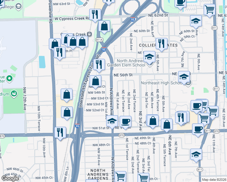 map of restaurants, bars, coffee shops, grocery stores, and more near 5441 Northeast 55th Street in Oakland Park