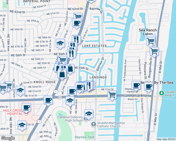 map of restaurants, bars, coffee shops, grocery stores, and more near 2805 Northeast 55th Street in Fort Lauderdale