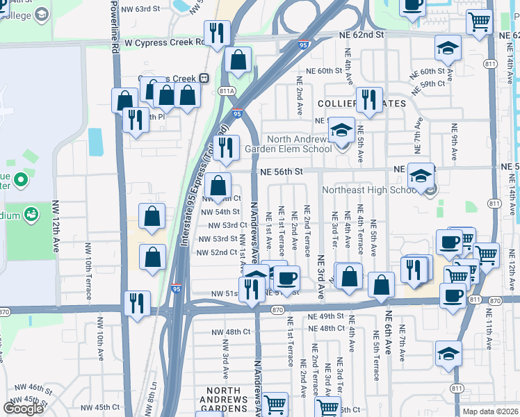 map of restaurants, bars, coffee shops, grocery stores, and more near 5441 Northeast 55th Street in Oakland Park