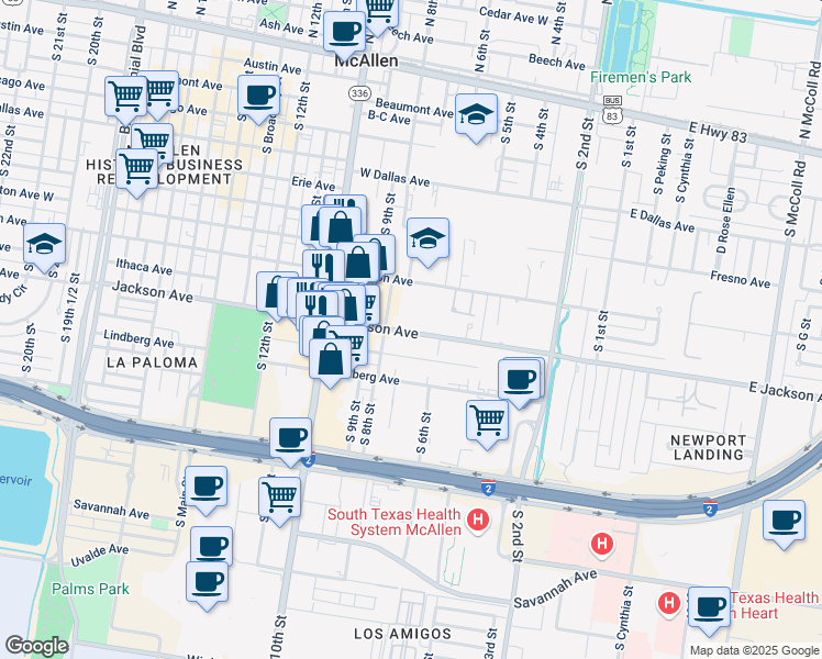 map of restaurants, bars, coffee shops, grocery stores, and more near 700 Jackson Avenue West in McAllen
