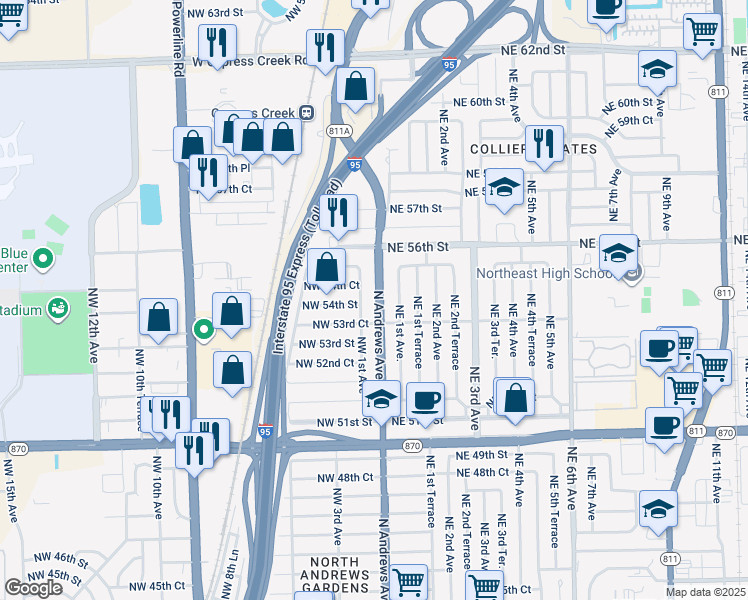 map of restaurants, bars, coffee shops, grocery stores, and more near 5440 Northwest 1st Avenue in Fort Lauderdale