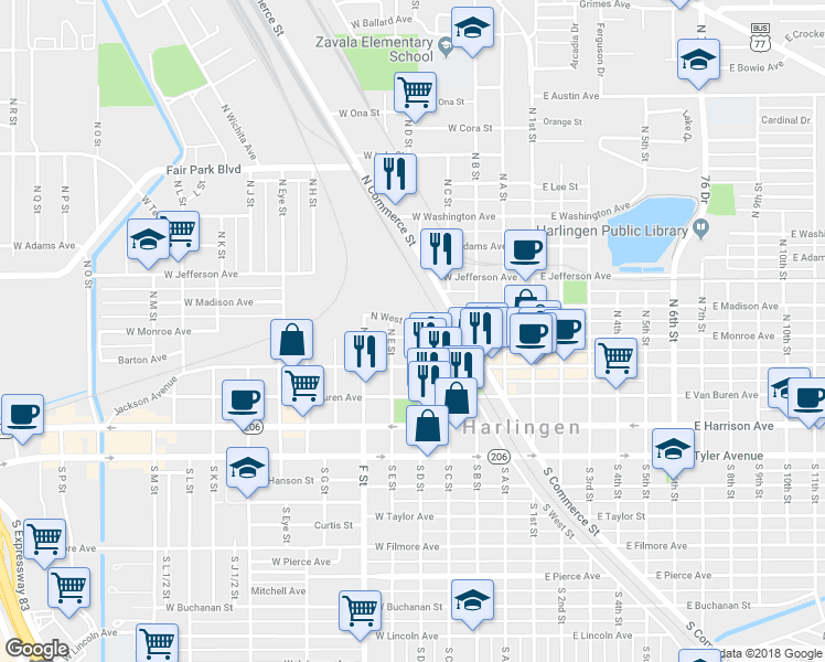map of restaurants, bars, coffee shops, grocery stores, and more near 506 West Monroe Avenue in Harlingen