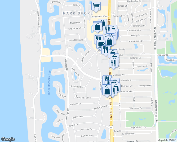 map of restaurants, bars, coffee shops, grocery stores, and more near 4010 Old Trail Way in Naples