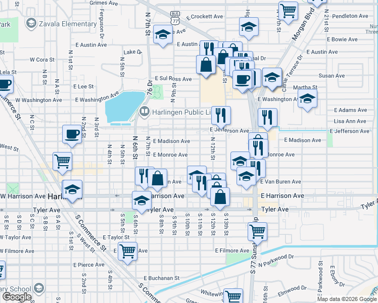 map of restaurants, bars, coffee shops, grocery stores, and more near 916 East Madison Avenue in Harlingen