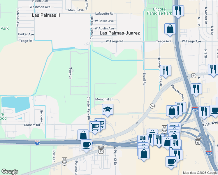 map of restaurants, bars, coffee shops, grocery stores, and more near 3514 Times Square in Harlingen