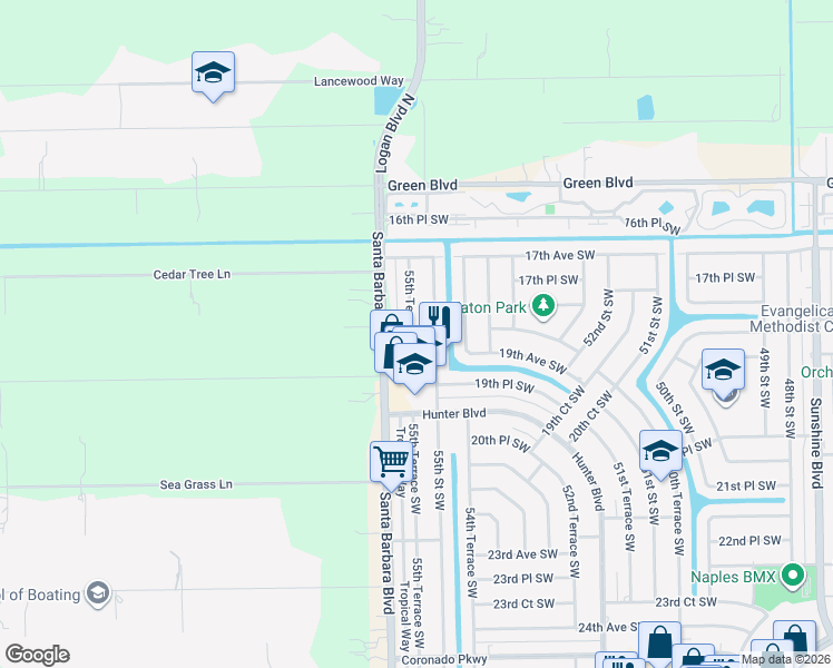 map of restaurants, bars, coffee shops, grocery stores, and more near 1831 55th Terrace Southwest in Naples