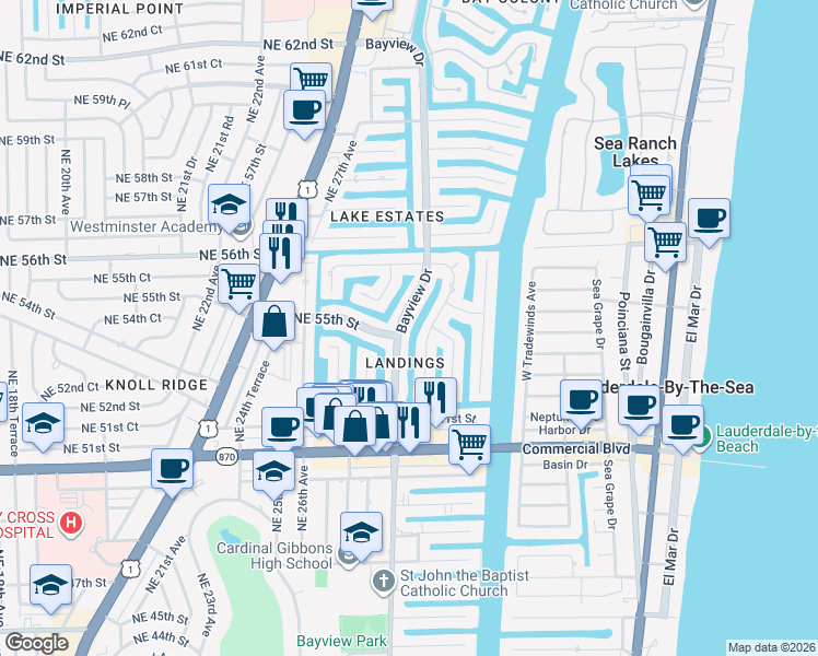 map of restaurants, bars, coffee shops, grocery stores, and more near 5530 Bayview Drive in Fort Lauderdale