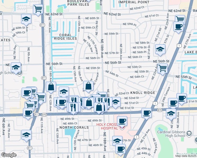 map of restaurants, bars, coffee shops, grocery stores, and more near 5351 Northeast 17th Terrace in Fort Lauderdale