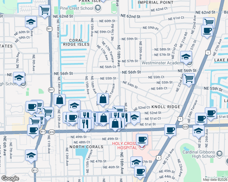 map of restaurants, bars, coffee shops, grocery stores, and more near 5351 Northeast 17th Terrace in Fort Lauderdale