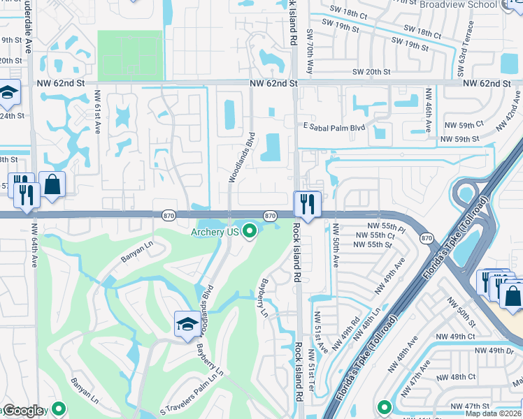 map of restaurants, bars, coffee shops, grocery stores, and more near 5425 Northwest 56th Court in Tamarac