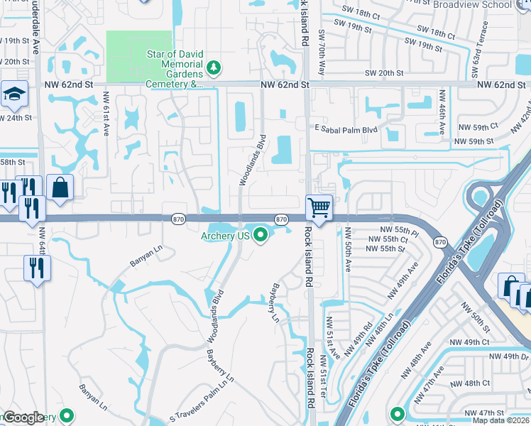 map of restaurants, bars, coffee shops, grocery stores, and more near 5467 Northwest 56th Court in Tamarac