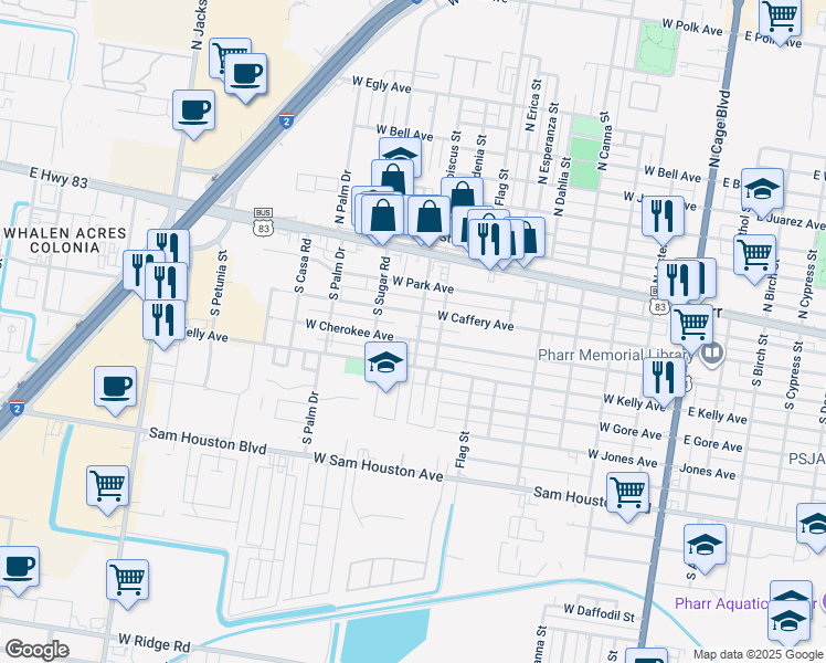 map of restaurants, bars, coffee shops, grocery stores, and more near 805 West Caffery Avenue in Pharr