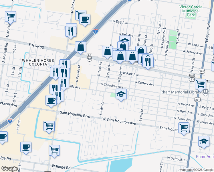 map of restaurants, bars, coffee shops, grocery stores, and more near 1008 West Cherokee Avenue in Pharr