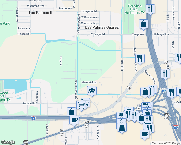 map of restaurants, bars, coffee shops, grocery stores, and more near 3514 Times Square in Harlingen