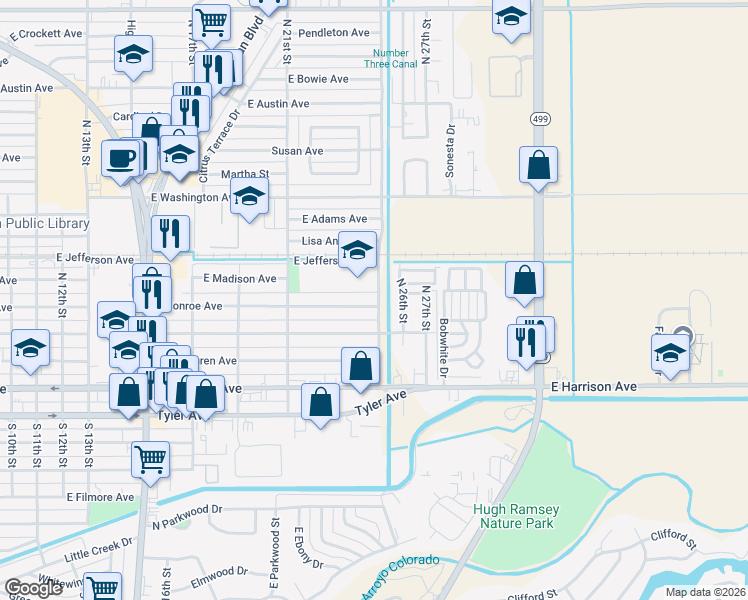 map of restaurants, bars, coffee shops, grocery stores, and more near 126 North 26th Street in Harlingen