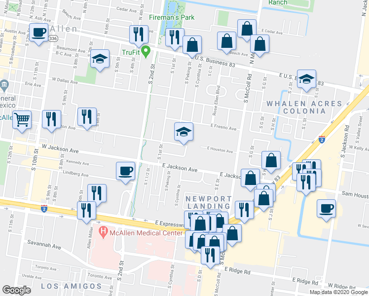 map of restaurants, bars, coffee shops, grocery stores, and more near 600 East Houston Avenue in McAllen