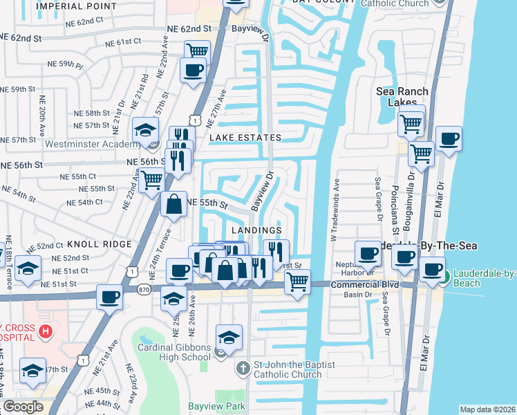 map of restaurants, bars, coffee shops, grocery stores, and more near 5530 Bayview Drive in Fort Lauderdale
