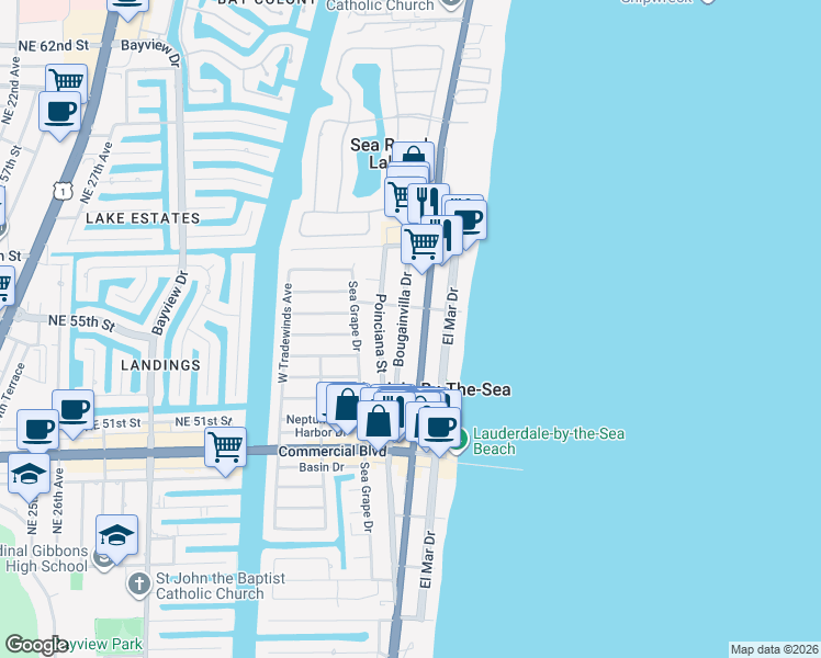 map of restaurants, bars, coffee shops, grocery stores, and more near 4552 Bougainvilla Drive in Lauderdale-by-the-Sea
