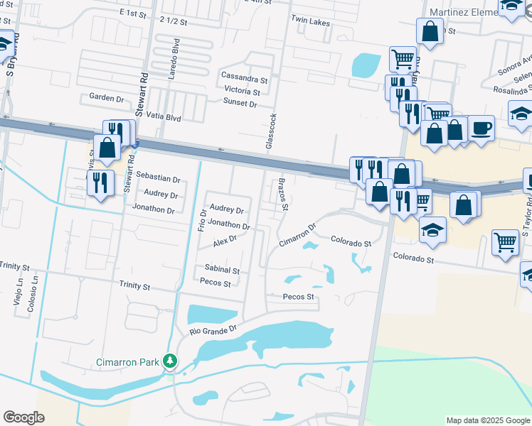 map of restaurants, bars, coffee shops, grocery stores, and more near 2003 Brazos Court in Mission
