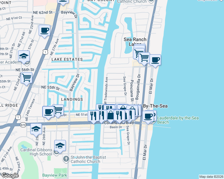 map of restaurants, bars, coffee shops, grocery stores, and more near 4550 Trade Winds Avenue West in Lauderdale-by-the-Sea