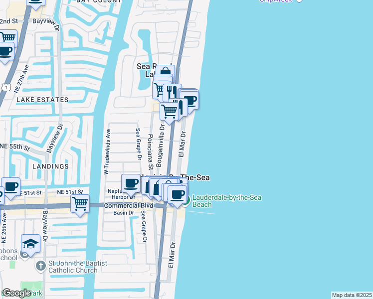 map of restaurants, bars, coffee shops, grocery stores, and more near 4561 El Mar Drive in Lauderdale-by-the-Sea