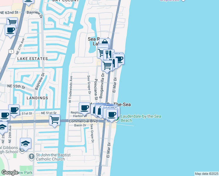 map of restaurants, bars, coffee shops, grocery stores, and more near 4561 El Mar Drive in Lauderdale-by-the-Sea