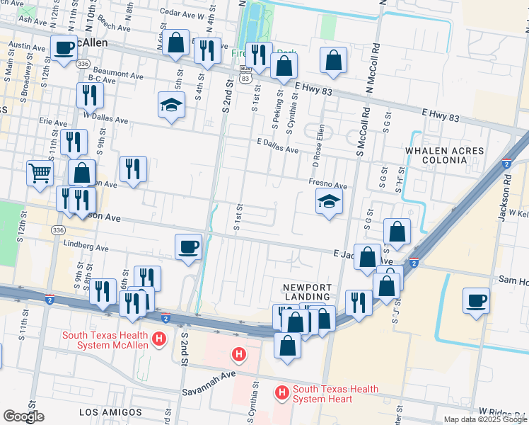 map of restaurants, bars, coffee shops, grocery stores, and more near 106 East Houston Avenue in McAllen