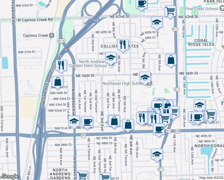 map of restaurants, bars, coffee shops, grocery stores, and more near 5424 Northeast 3rd Terrace in Fort Lauderdale