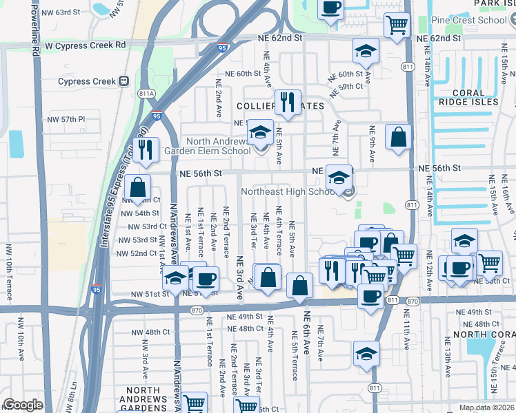 map of restaurants, bars, coffee shops, grocery stores, and more near 5424 Northeast 3rd Terrace in Fort Lauderdale