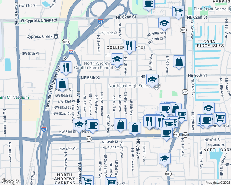 map of restaurants, bars, coffee shops, grocery stores, and more near 5424 Northeast 3rd Terrace in Fort Lauderdale