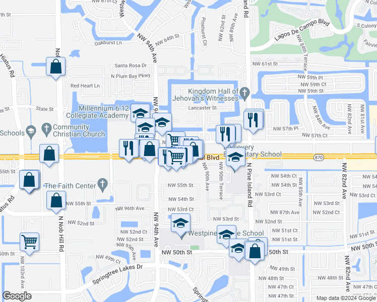 map of restaurants, bars, coffee shops, grocery stores, and more near 9141 West Commercial Boulevard in Tamarac