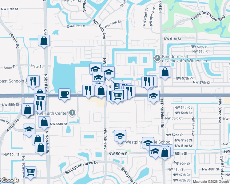 map of restaurants, bars, coffee shops, grocery stores, and more near 9399 West Commercial Boulevard in Sunrise