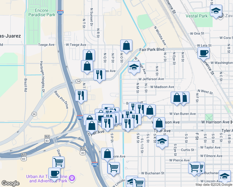 map of restaurants, bars, coffee shops, grocery stores, and more near 207 N O St in Harlingen